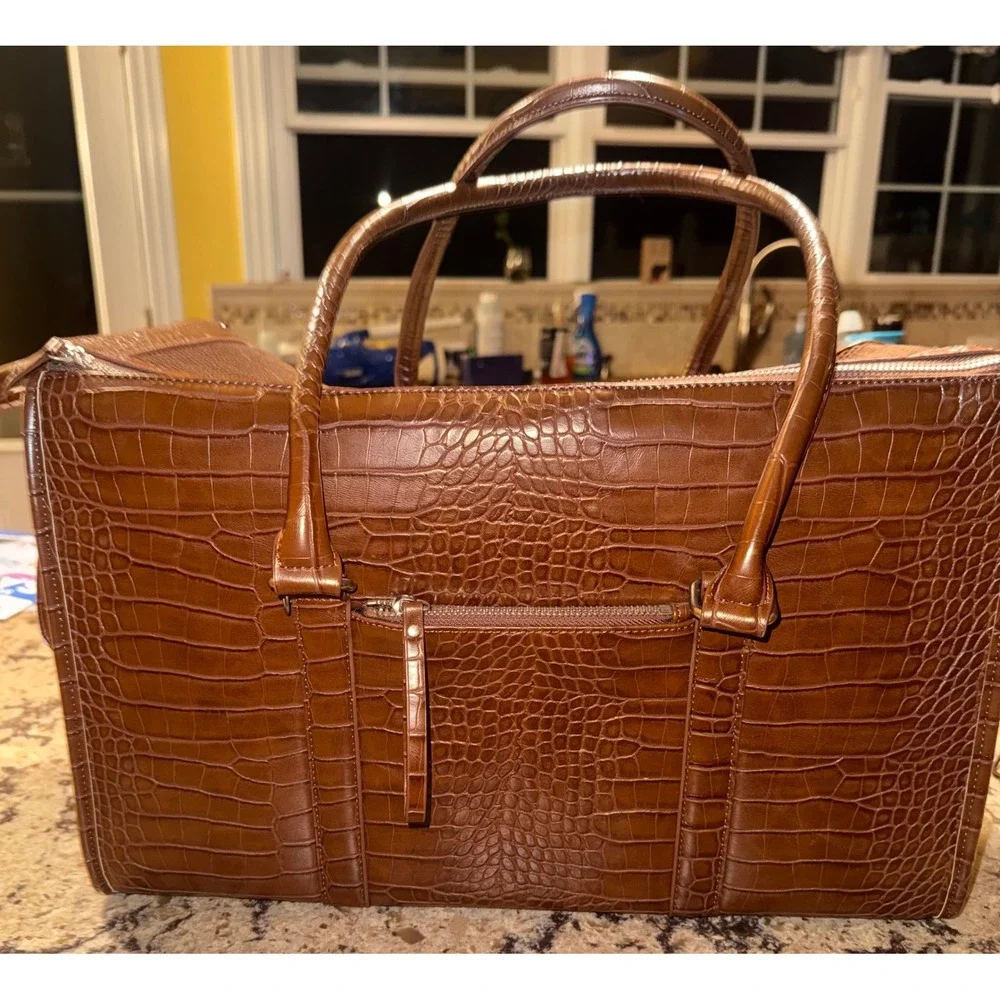 Croc Embossed Faux Leather Pet Carrier Brown Mesh Dog Cat Travel Bag 17in